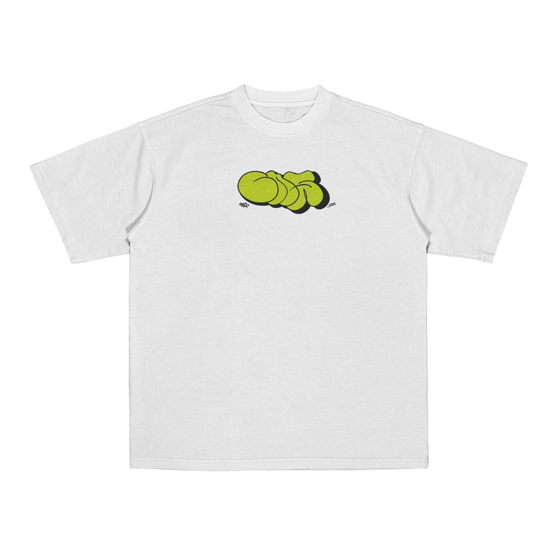 Maglietta bianca Coins Visual con throw-up lime green sul petto