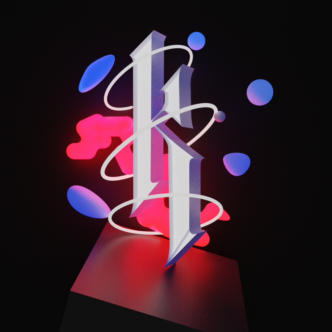 Lettera K gotica in 3D con anelli e forme rosse e blu